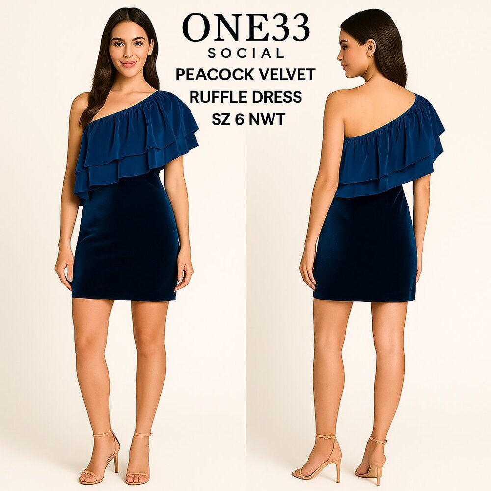 ONE33 Social Peacock Blue One-Shoulder Ruffle Velvet Mini Dress, Size 6, NWT.